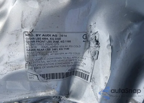 2015 Audi Q3 2.0T Premium Plus z USA, uszkodzony, nr VIN WA1GFCFSXFR006250